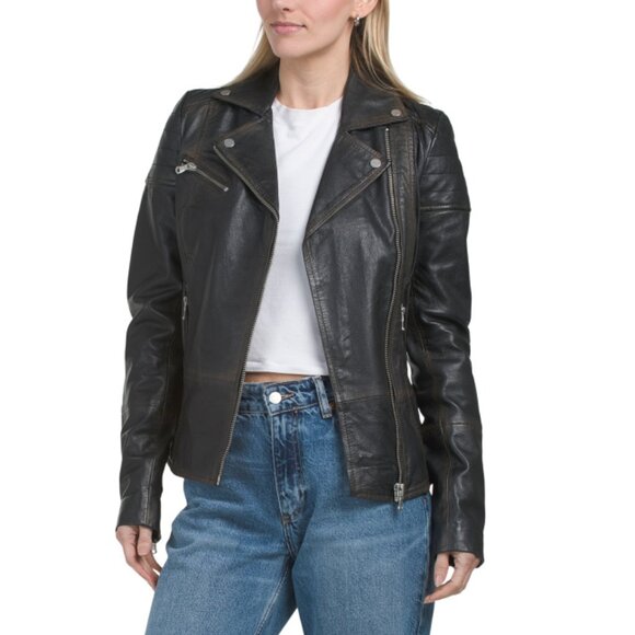 BOD & CHRISTENSEN BLACK/BEIGE Leather Biker Jacket - Picture 1 of 2